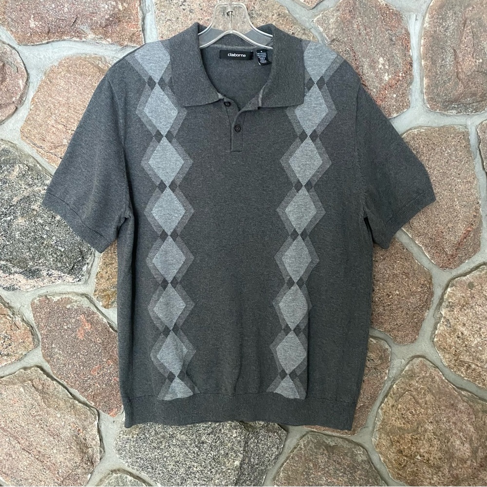 Claiborne Men's Charcoal Grey Argyle Knit Polo Shirt
